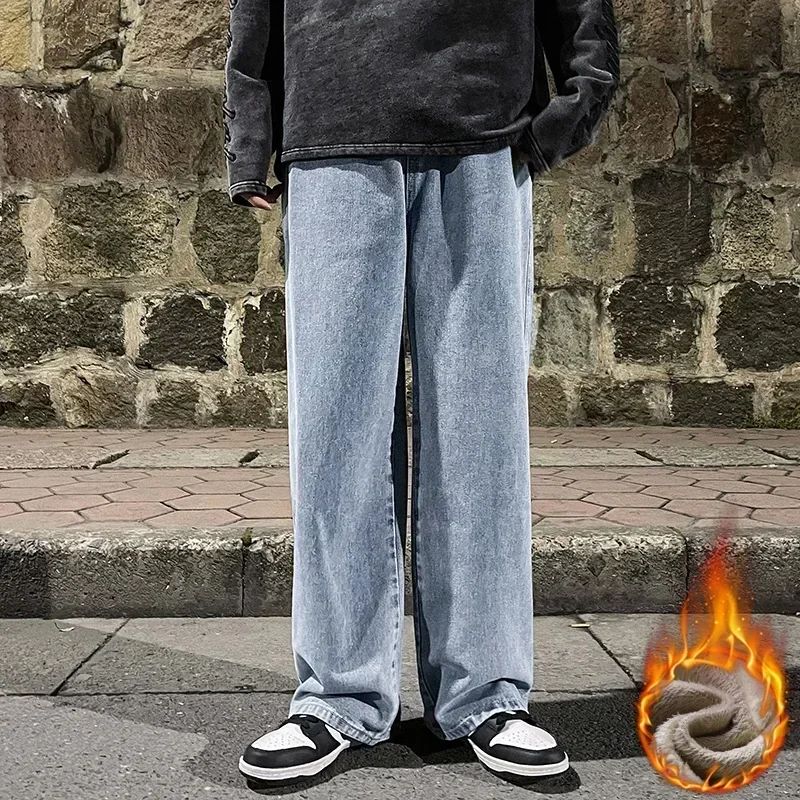 Calças jeans largas de inverno com forro polar, Calças largas retas de veludo, quentes e confortáveis, com elástico na cintura e pernas largas, marca de roupas masculinas
