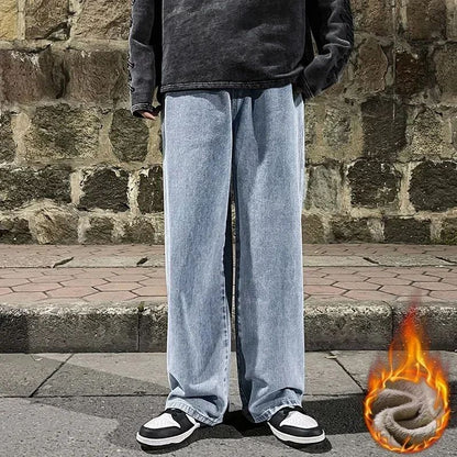 Calças jeans largas de inverno com forro polar, Calças largas retas de veludo, quentes e confortáveis, com elástico na cintura e pernas largas, marca de roupas masculinas