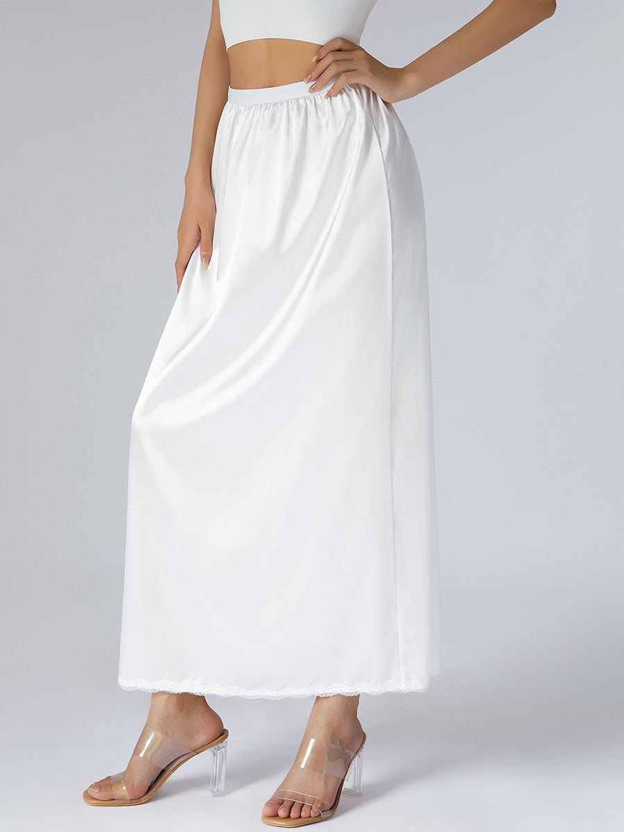 Elastic Waist Inner Lining Midi Skirt Women Solid Color Satin Half Slip Underskirt Long Underskirt for Ladies White/Black/Yellow