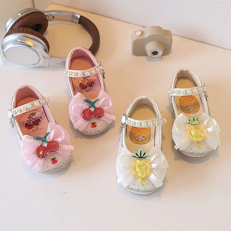 Children's Leather Shoes Autumn New Pink Soft Bottom Flat Kid's Casual Shoes Fashion Cute Cherry Bow Girls' Princess Shoes