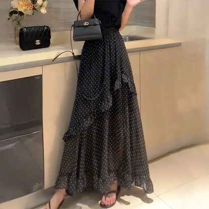 Plus Size Black Polka Dot Print Asymmetrical Hem Loose Women's Skirt Summer New Fashion Design Sense Midi Skirt Large Size Ha...