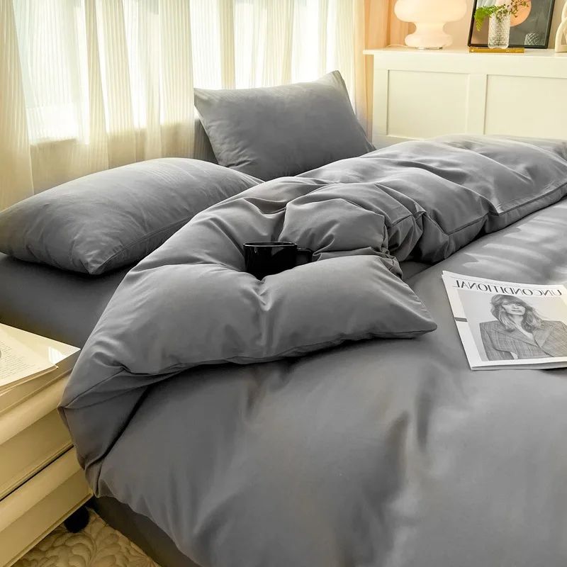 Conjunto de cama de cor sólida de quatro peças para crianças e adultos, cama de casal grande, conjunto de capa de edredom, lençol e capa de travesseiro de quatro peças