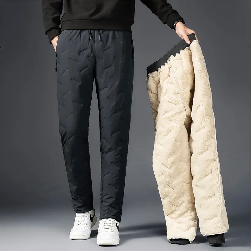 Calça Moletom Masculina Jogger Impermeável Forrada de Lã Grossa Calças de Treino Esportivas Quentes de Inverno com Zíper e Bolsos