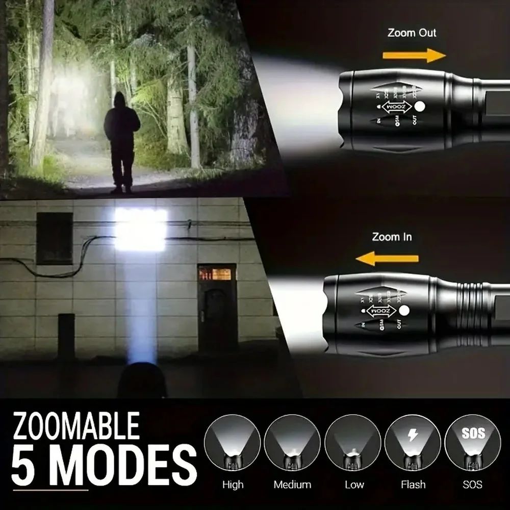 High Power LED Flashlight T6 Aluminum Alloy Zoomable Tactical Torch Battery powered Waterproof Outdoor Light For Camping Lantern