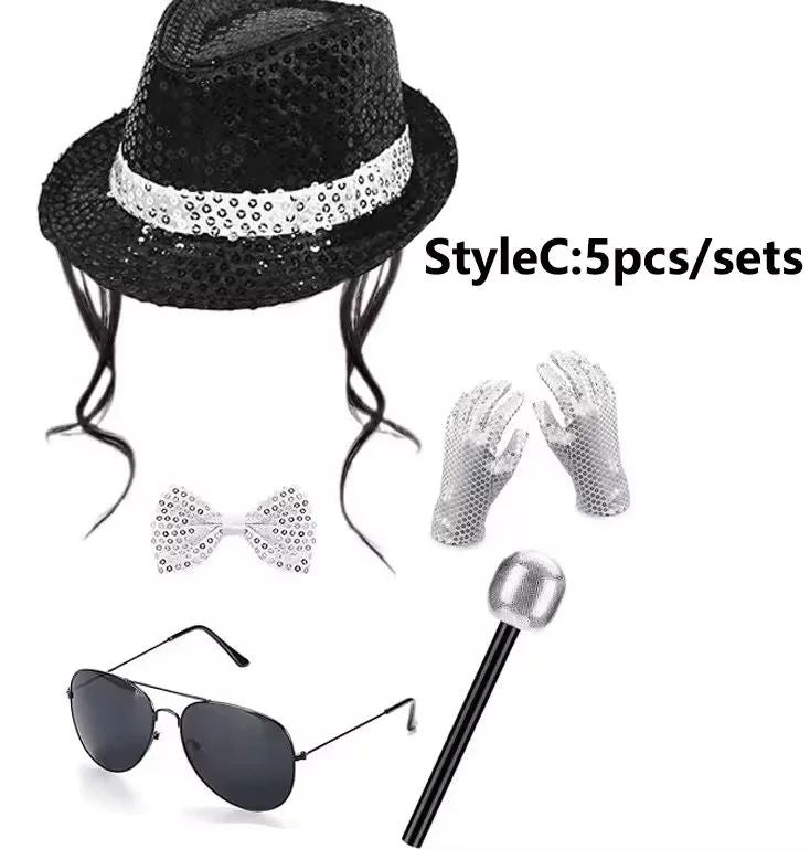 Disco Stage Performance Sequin Hat Tie Glove Set Michael Jackson Cosplay Style Sparkly Costume For Dance Party Halloween Gift