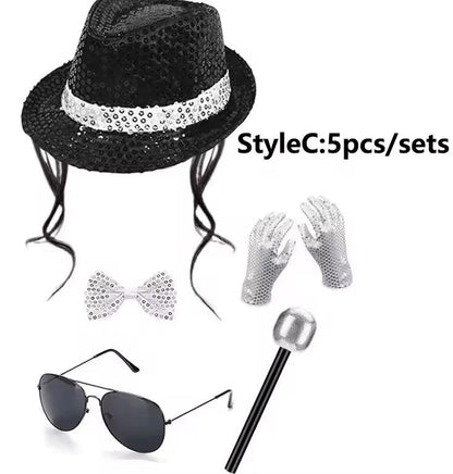 Disco Stage Performance Sequin Hat Tie Glove Set Michael Jackson Cosplay Style Sparkly Costume For Dance Party Halloween Gift