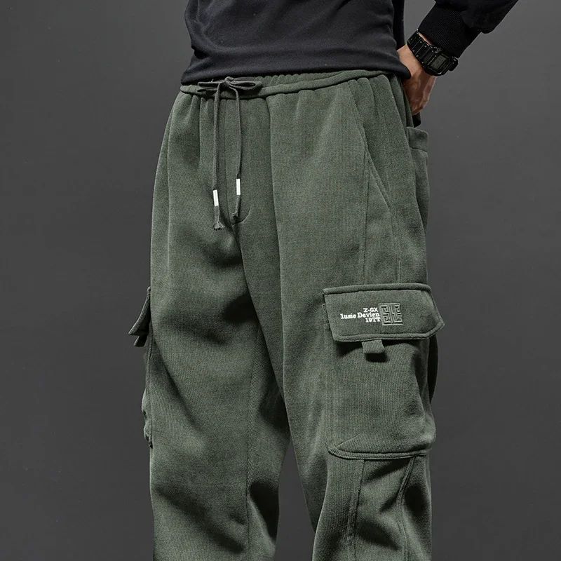 Men's Corduroy Harem Cargo Pants Elastic Waist Casual Joggers Sweatpants Spring Autumn Armygreen Gray Black Trousers Streetwear