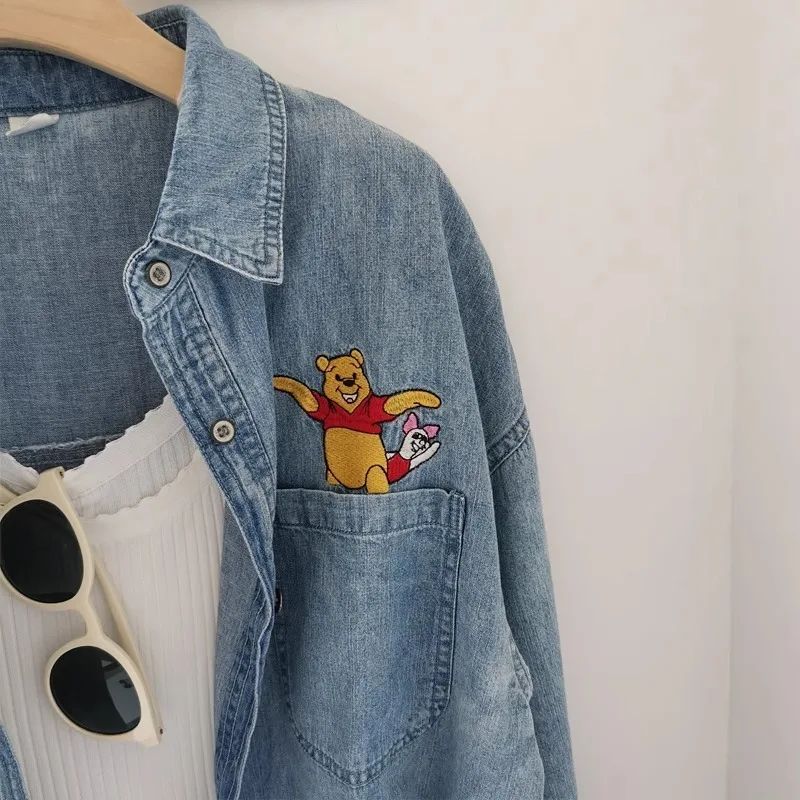 Plus Size 300 Pounds Fat MM Cartoon Embroidery Washed Denim Polo Collar Loose Meat Covering Women's Shirt Autumn Outerwear