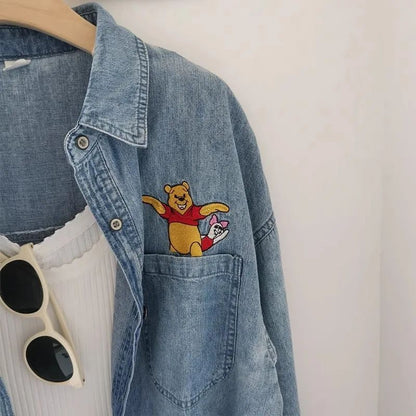 Plus Size 300 Pounds Fat MM Cartoon Embroidery Washed Denim Polo Collar Loose Meat Covering Women's Shirt Autumn Outerwear