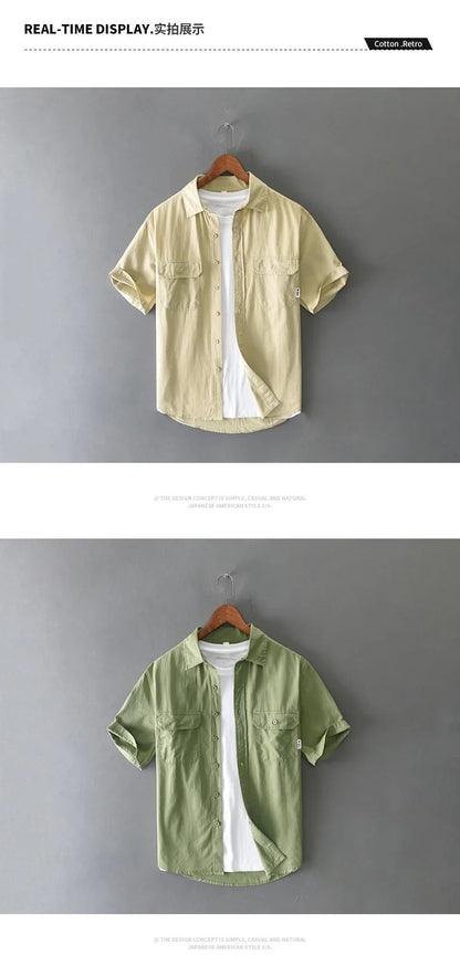 Summer Short Sleeve Cargo Shirt Men Streetwear Men Loose Shirts Casual Pure Cotton Double Pockets Khaki Shirt Fashion Clothing