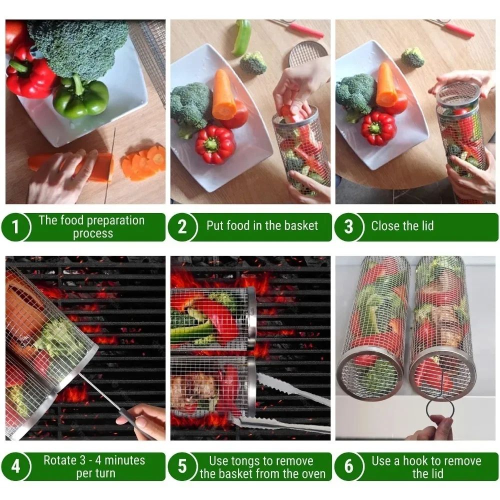 New Rolling Grilling BBQ Basket Stainless Steel Leakproof Mesh Barbecue Rack Outdoor Picnic Camping Simple Cylindrical BBQ Grill
