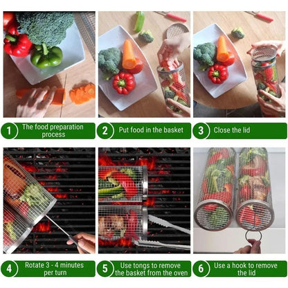 New Rolling Grilling BBQ Basket Stainless Steel Leakproof Mesh Barbecue Rack Outdoor Picnic Camping Simple Cylindrical BBQ Grill