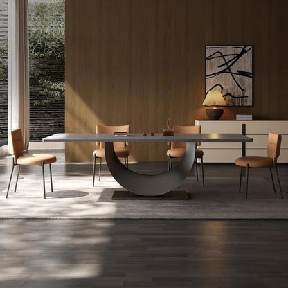 Modern Rectangle Minimalist Rock Slab Restaurant Dining Table And Chairs Stainless Steel Frame Leather Dining Chair Italian