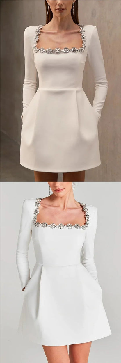 Elegant Short Velvet Dress with Diamond Embellishment Square Collar Independent Station Cross-border Spring Women's Fashion