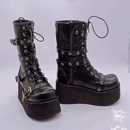 Plus Size 43 Autumn Women Boots Buckle Round Toe Wedges Platform Boots Punk Goth INS Women Street Shoes Combat Boots for Women
