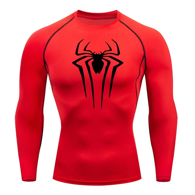Spider Print Long Sleeve Compression Shirts for Men Gym Workout Rash Guard Undershirts Baselayers Athletic Quick Dry Tees Tops