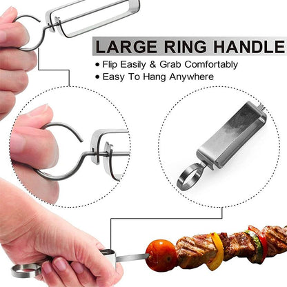 Stainless Steel BBQ Skewers – Flat Metal Kebob Sticks for Grilling Meat Vegetables, with Quick Release Metal Sliding Handle