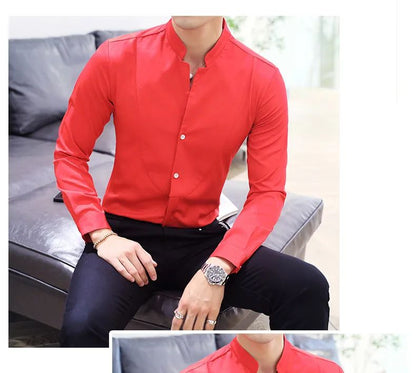 Black Men Long Sleeve Shirt, White Single Breasted Collar Stretch Shirts, Red Fashion Slim Top,Asian Size M-5XL(Korean Slim Fit)