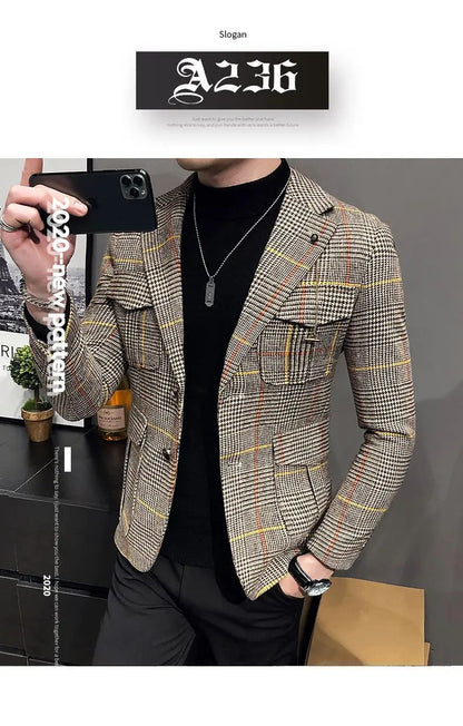 Spring plaid men's jacket British style wedding host business casual suit jacket men's formal  mens blazer Slim fit jacket