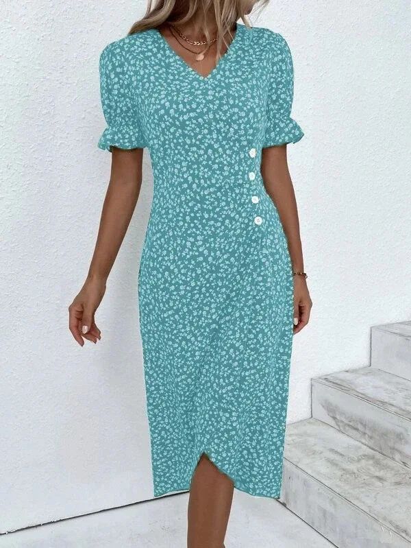 Elegant Floral Pleated H shaped Midi Dress Female V Neck Puff Sleeve Waist Ruche