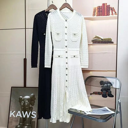 Hollow out Long Knitted Summer Dress round Neck Seven Sleeve Bodycon Skirt Slimming Effect Empire Waist Maxi Dress