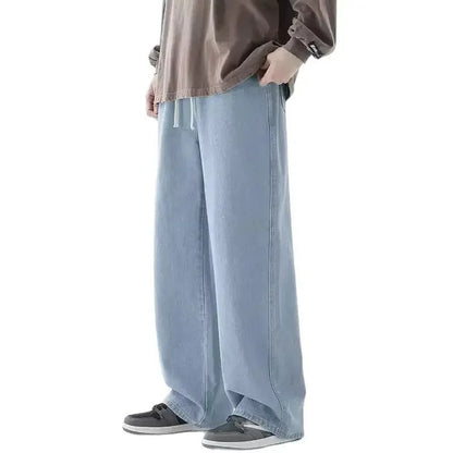 2025 Calça Jeans Masculina Coreana Casual Longa Reta Perna Larga Denim Cor Sólida Azul Claro Cinza Preto