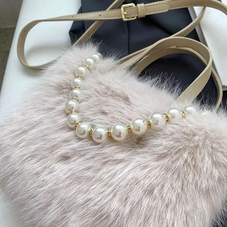 Winter Fashion Faux Fur Crossbody Bags for Women's Gift, Pearl Chain Decor Shoulder Bag, Ladies Handbags Top-handel Bag