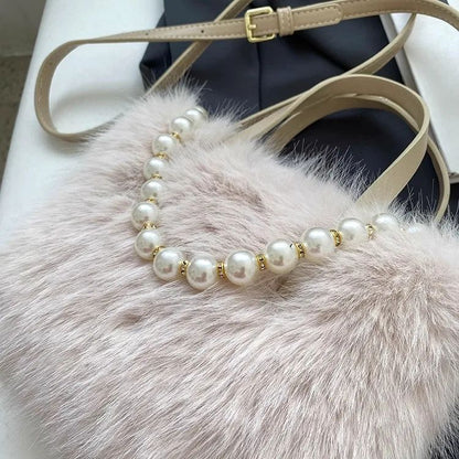 Winter Fashion Faux Fur Crossbody Bags for Women's Gift, Pearl Chain Decor Shoulder Bag, Ladies Handbags Top-handel Bag