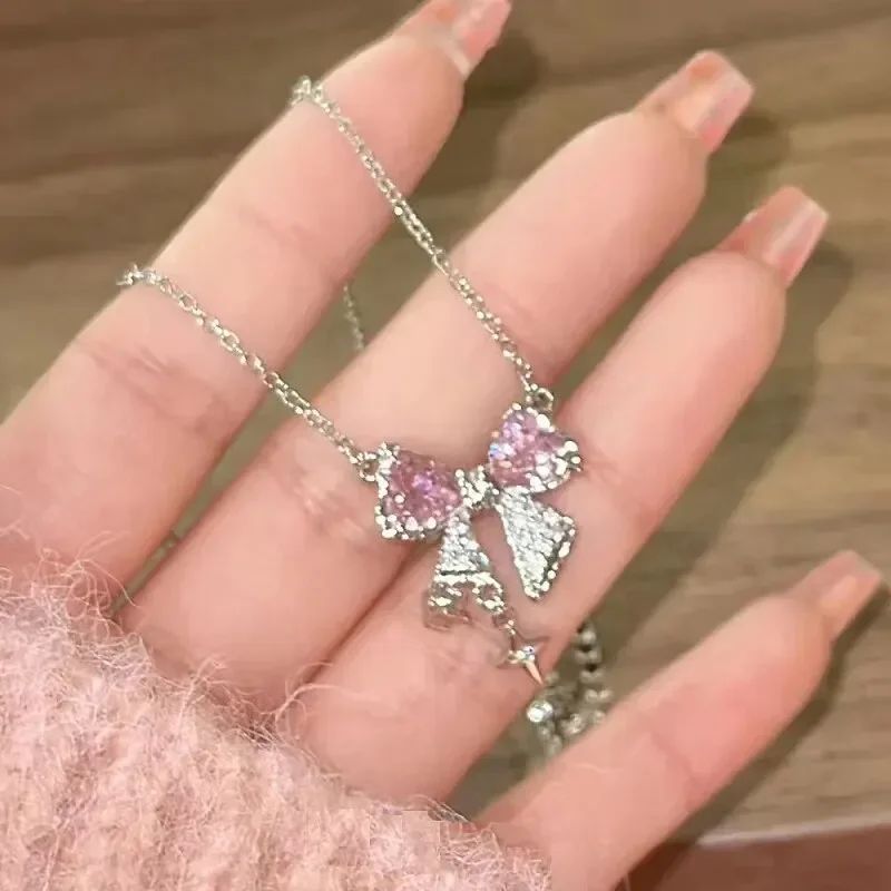 Colares de Pingente de Laço de Cristal Rosa Fada da Moda Y2K Meninas Doce Strass Coração Clavícula Cadeia Mulheres Jóias Presentes