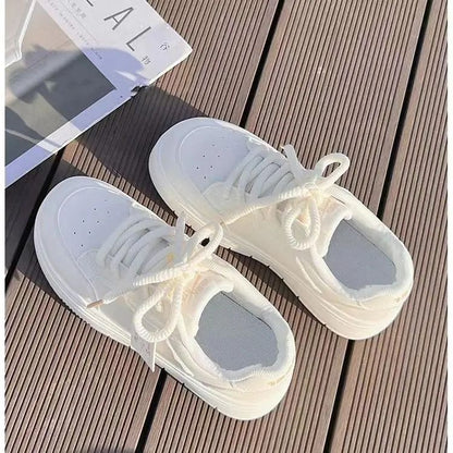 2024 New Women Leather Flat Shoes Autumn Fashion Breathable Vulcanized White Sports Lace Up Thick Soled Casual Shoes for Women