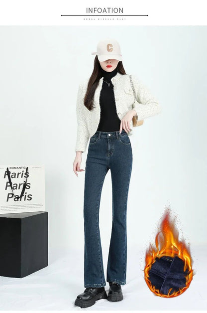 2024 Winter Fleece Women's Flare Pants Retro Slim High Waist Elastic Cotton Thick Warm Denim Pants Fashion Korean Female Clothes