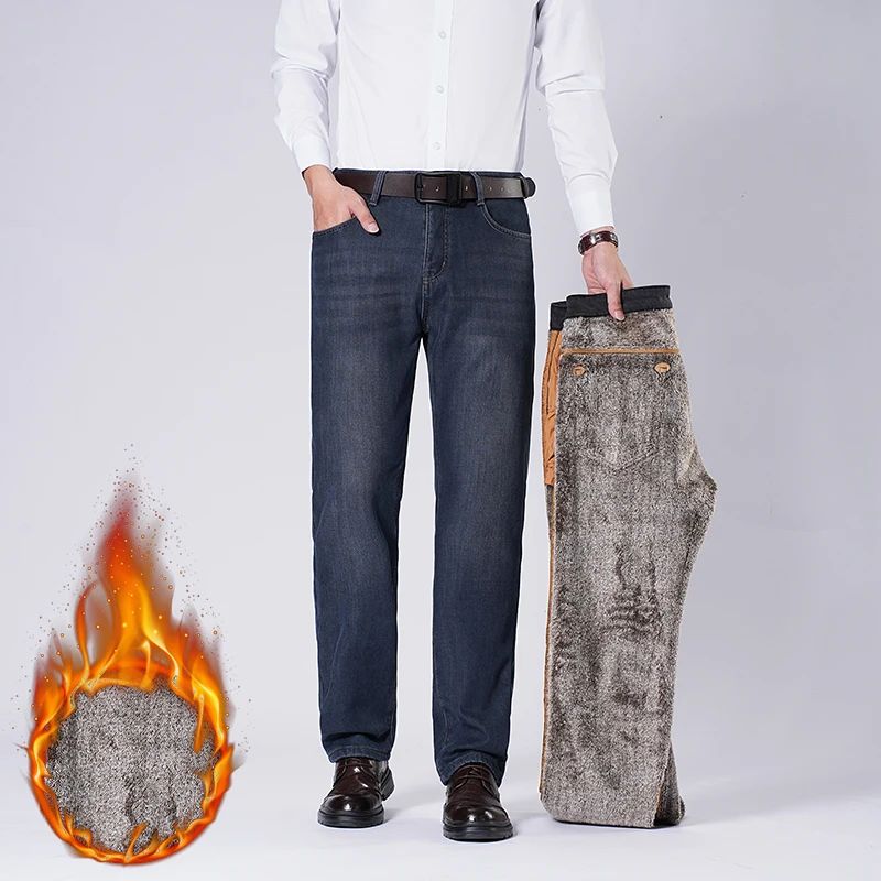 Men's Fleece Straight Leg Jeans Winter Thick Warm Business Casual Velvet Pants Elastic Loose Trousers Outdoorwear