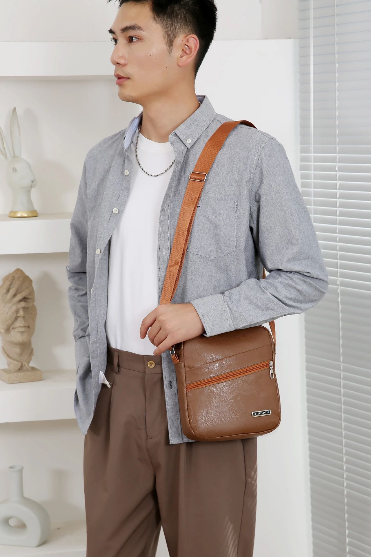 Men‘s PU Shoulder Bag Messenger Bag Casual Waterproof Nylon Zipper Pocket Handbag Fashion Tote Travel Male Crossbody Bags