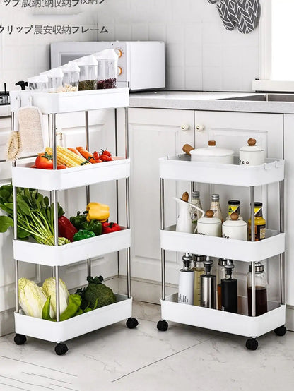 Rack de armazenamento móvel com 3/4 níveis para espaços estreitos, carrinho utilitário com rodinhas, prateleira organizadora fina para cozinha, banheiro e sala de estar