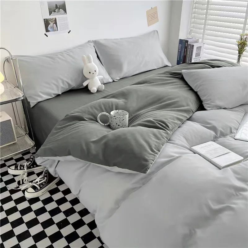 Conjunto de cama de cor sólida de quatro peças para crianças e adultos, cama de casal grande, conjunto de capa de edredom, lençol e capa de travesseiro de quatro peças