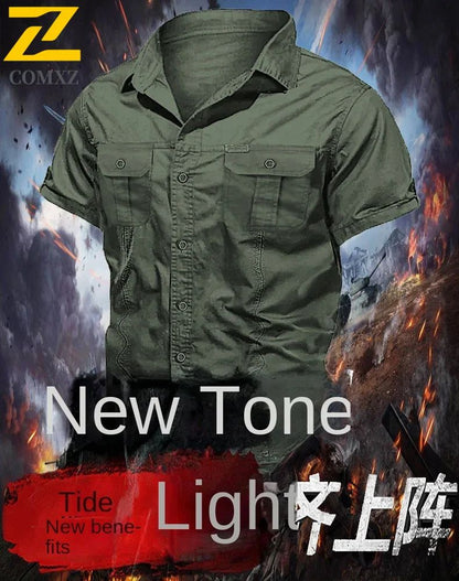 New Men's Work Shirt Casual Retro 100% Cotton Short Sleeve Flying Cargo Shirt Men's Summer Fishing Hunting Multi Pocket Shirt