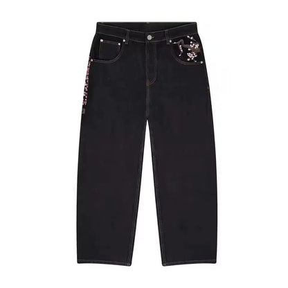 Calça jeans Hip-hop com moedas douradas Y2K retro cintura baixa perna larga com zíper calças jeans soltas bordadas moda masculina Y2K