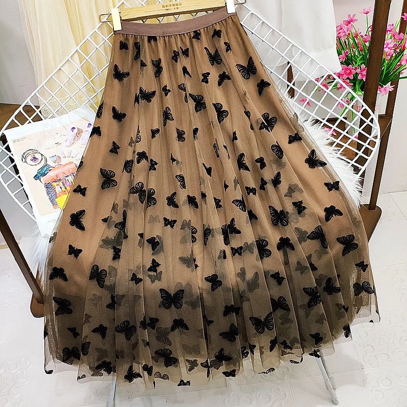 Butterfly Flocking Tulle Long Skirt Women Aesthetic Casual A Line Elastic High Waist Midi Mesh Skirt Female Black