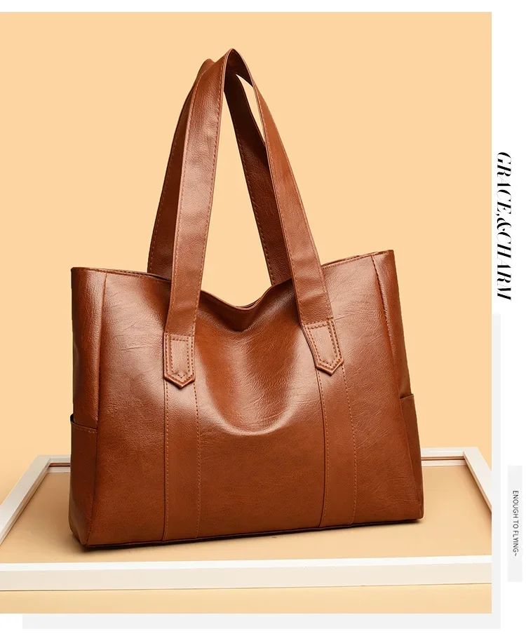 Female Big Soft Leather Satchel Bag Classic Solid Color Simple Casual Large Capacity Tote Single Shoulder Bag Purses and Handbag