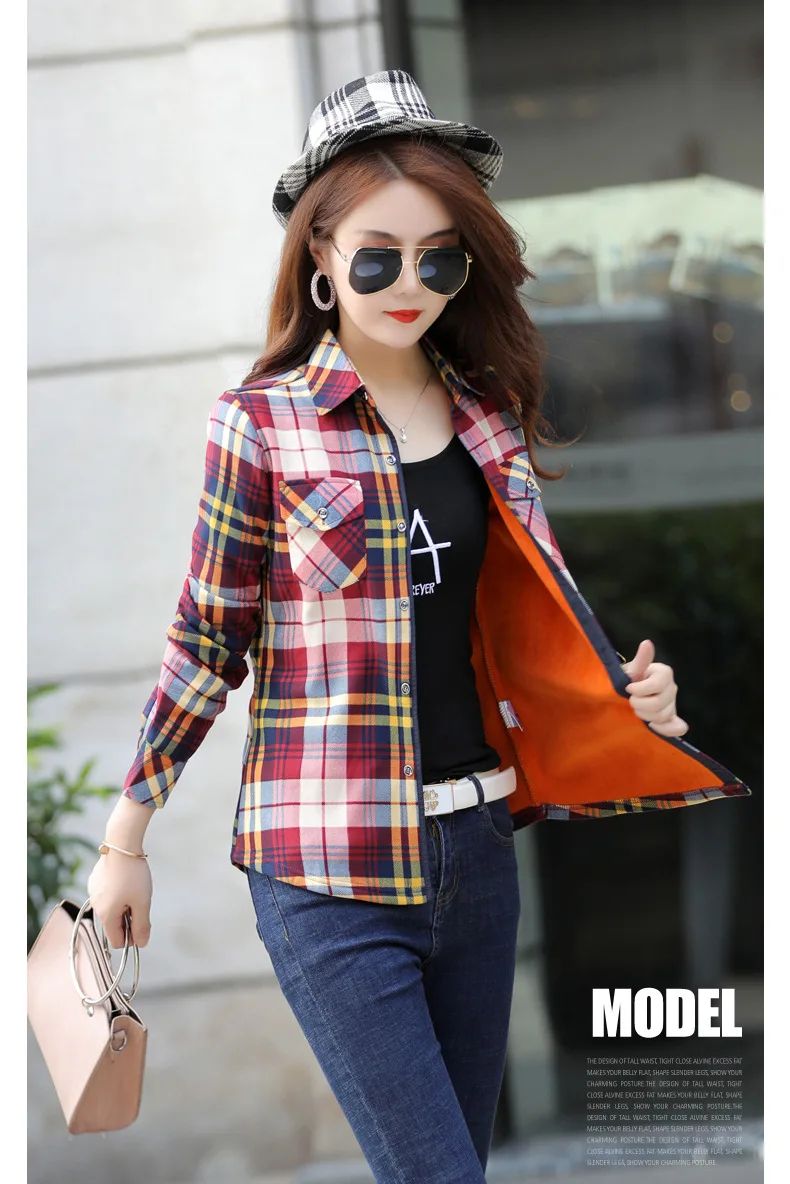 Thickened Fleece Women's Casual Shirt Korean Style All-Match Slim Fit Warm Plaid Elastic Large Size Button down Coat