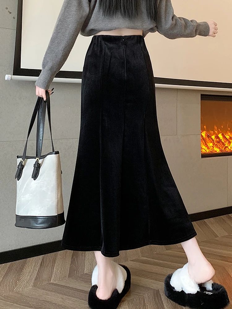 Elastic Velvet Long Black Skirts Women 2025 Casual Korean Fashion Y2k Clothes Mid Length Elegant High Waist Harajuku Maxi Skirt