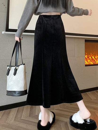 Elastic Velvet Long Black Skirts Women 2025 Casual Korean Fashion Y2k Clothes Mid Length Elegant High Waist Harajuku Maxi Skirt