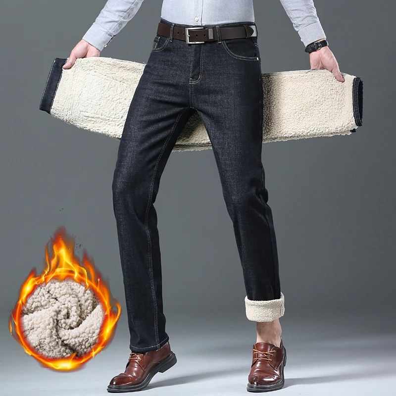 Calça Jeans Masculina de Lã Aveludada, Inverno, Forrada com Lã Grossa, Casual de Negócios, Reta, Jeans, Macia, Confortável, Térmica, Elástica, Calças Masculinas