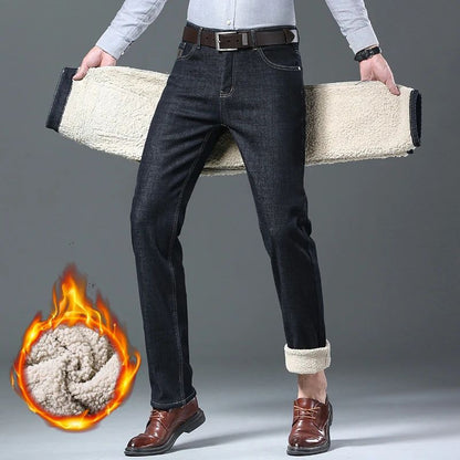 Calça Jeans Masculina de Lã Aveludada, Inverno, Forrada com Lã Grossa, Casual de Negócios, Reta, Jeans, Macia, Confortável, Térmica, Elástica, Calças Masculinas