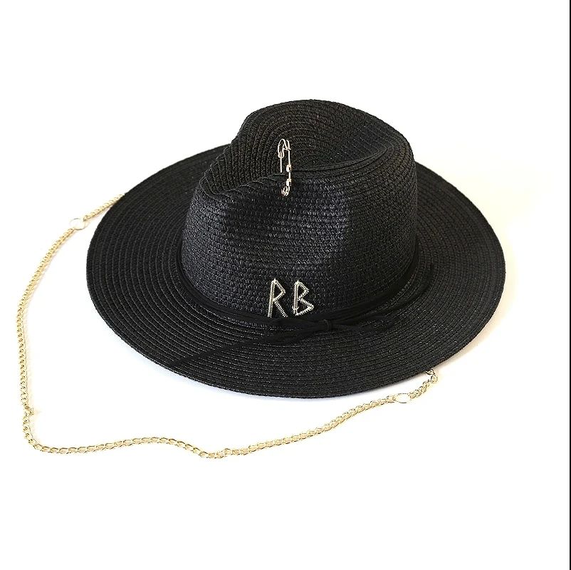 Chapéu de Sol de Verão Grande Proteção Solar Chapéus Femininos de Praia de Palha da Moda Chapéu Panamá de Grama de Luxo Feminino 60cm para Cabeça Grande