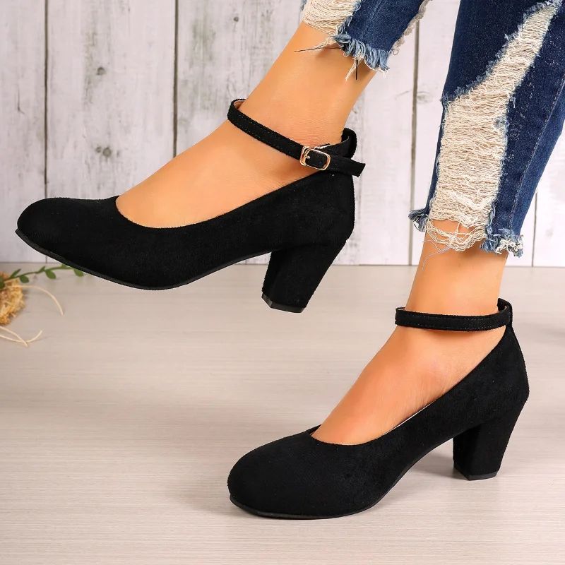 Outono Novo Salto Grosso Feminino Preto Fivela de Uma Linha Boca Raso Sapato Único Feminino Camurça Tamanho Grande Sapatos de Trabalho