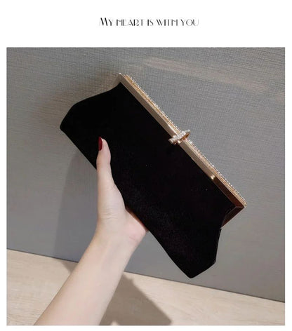 Women Retro Black Velvet Evening Clutch Bag Glitter Rhinestone Buckle Banquet Party Ladies Handbag Purse with Chain