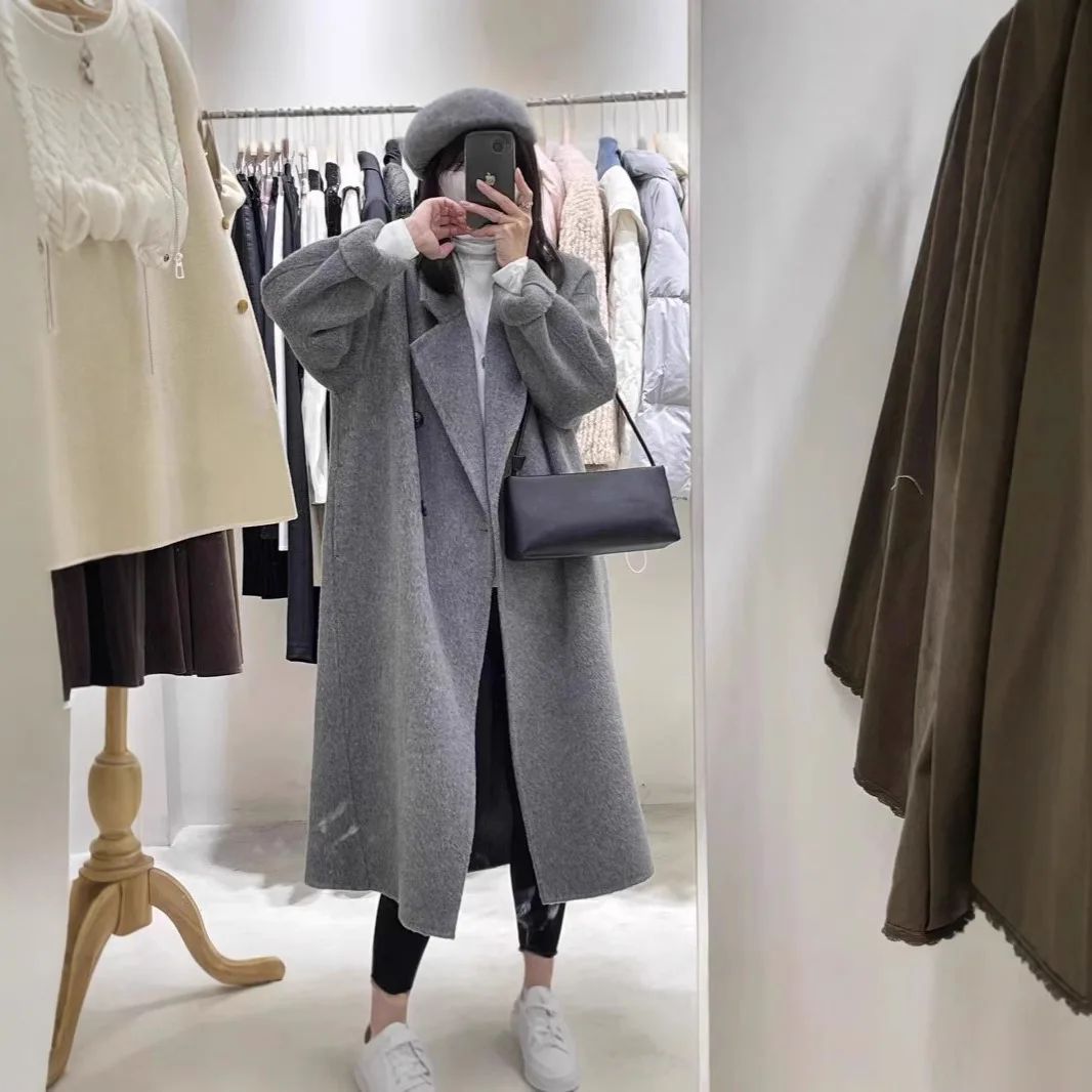 Oatmeal Color Woolen Coat Women's Loose Mid-Length Korean Style Autumn Winter New Arrival Fashion Outerwear Pure Color Full Slee