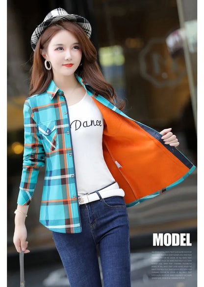 Women's Fleece Lined Long Sleeve Shirt Mid Length Thick Winter Warm Korean Style Elastic plus Size Plaid Patterned Button up