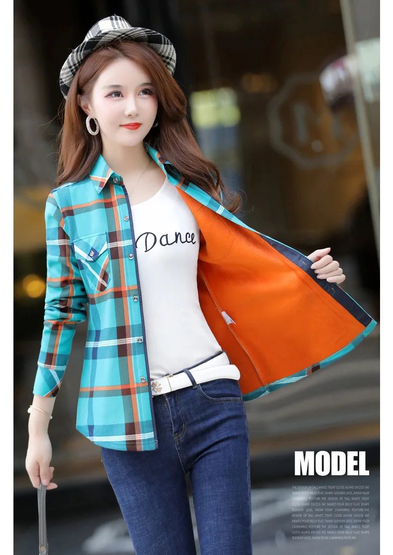 Thickened Fleece Women's Casual Shirt Korean Style All-Match Slim Fit Warm Plaid Elastic Large Size Button down Coat